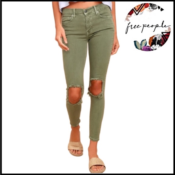 FREE PEOPLE HIGH-WAISTED OLIVE GREEN DISTRESSED SKINNY JEANS - Picture 2 of 12